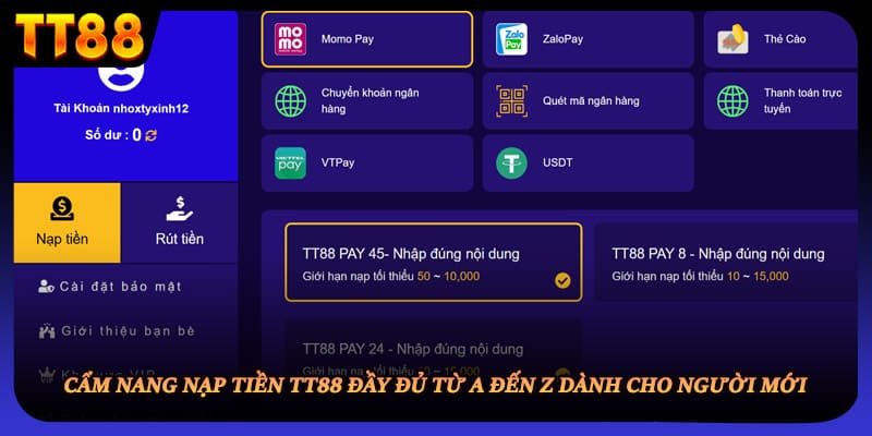 Cẩm nang nạp tiền TT88 đầy đủ từ A đến Z dành cho người mới 